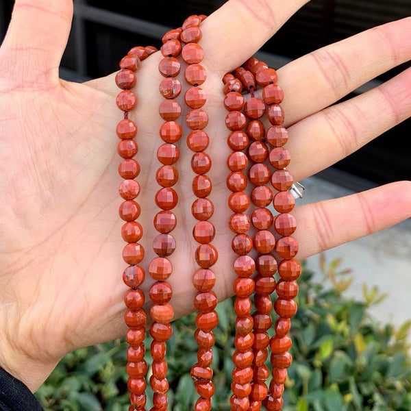 Natural Red Jasper Gemstone Faceted Flat Round Coin Beads, 6mm, Hole ID 1mm, 15 Inch/1 Strand, GZ13-7