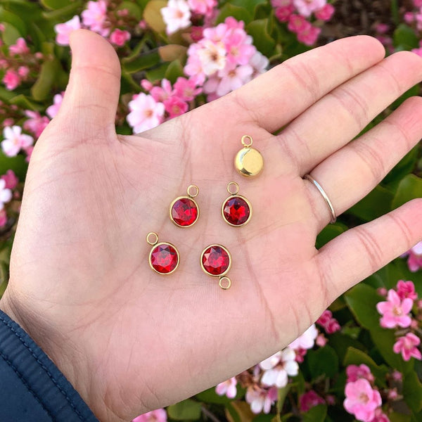 10pcs Grade A January Red Birthstone Charm Drops, 18K Yellow Gold Plated Stainless Steel, Tarnish Resistant, 10mm, CCP31-1