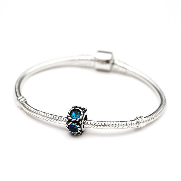 1pc Real 925 Sterling Silver March Birthstone Flower Round Charm Bead, Cubic Zirconia CZ Blue Aquamarine Gemstone, Compatible with Pandora all Other Charm Bracelets, EC1-N3