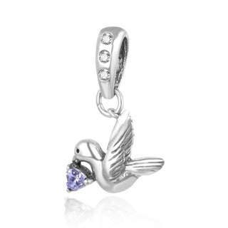 1pc 925 Sterling Silver Bird Charm, Freedom Lover June Birthstone Charm Drop, Light Purple Alexandrite Cubic Zirconia CZ, 20mm Long, Hole ID 4.5mm, EC1-D6