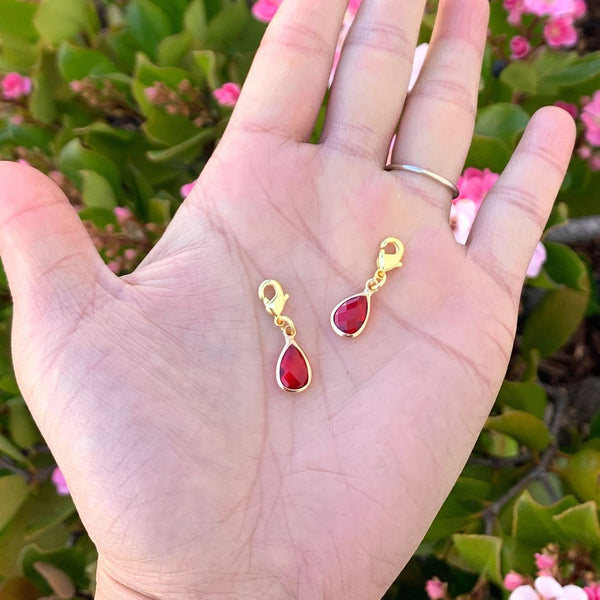 2pcs Clip On Dangle January Red Birthstone Charm Drops, Tarnish Resistant, 18K Yellow Gold Plated Lobster Clasp, BL8-1