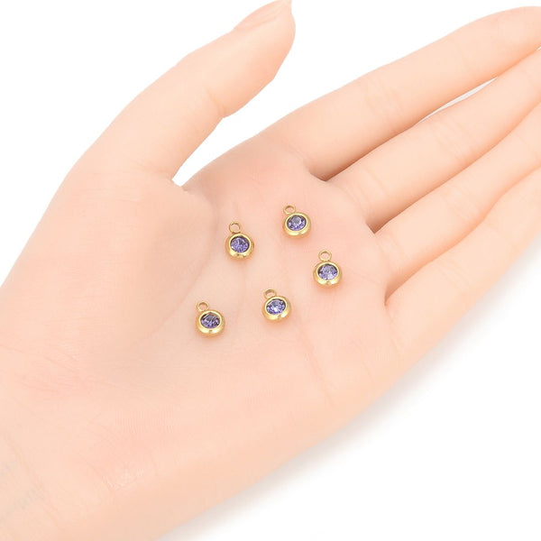 10pcs Grade A February Amethyst Purple Birthstone Charm Drops, 18K Yellow Gold Plated Stainless Steel, Tarnish Resistant, 6mm, CCP33-2