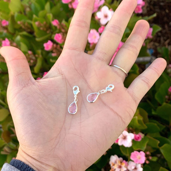2pcs Clip On Dangle October Light Rose Pink Birthstone Charm Drops, Tarnish Resistant, Sterling Silver Plated Lobster Clasp, BL7-10