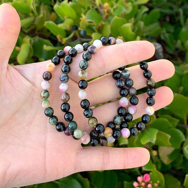 1 Strand Stretch Natural Multi-color Tourmaline Beaded Gemstone Bracelet, 6mm Beads, Length Selections: 7 inch/7.5 inch/8 inch