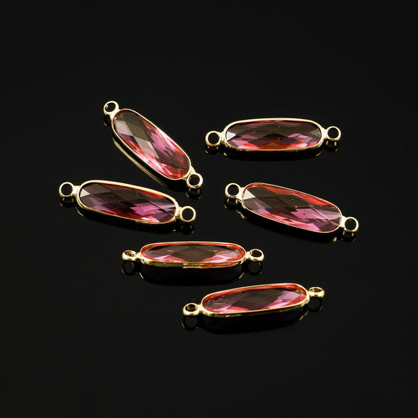 10pcs Grade A July Ruby Red Rectangle Bar Birthstone Links, 18K Yellow Gold Plated Brass, 21x7mm, CCP9-G7