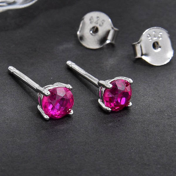 1 Pair 925 Sterling Silver July Birthstone Round Cut Stud Earrings, 4mm/0.25 Carat Small Tiny Cubic Zirconia CZ Red Ruby Stone, SSE78-7