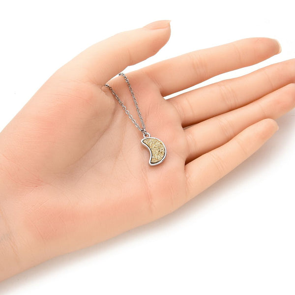 1pc Natural Druzy Crystal Pendant Necklace, Gold Moon Drop Small Gemstone Pendant, 18 inch Stainless Steel Surgical Chain, GGP27-1