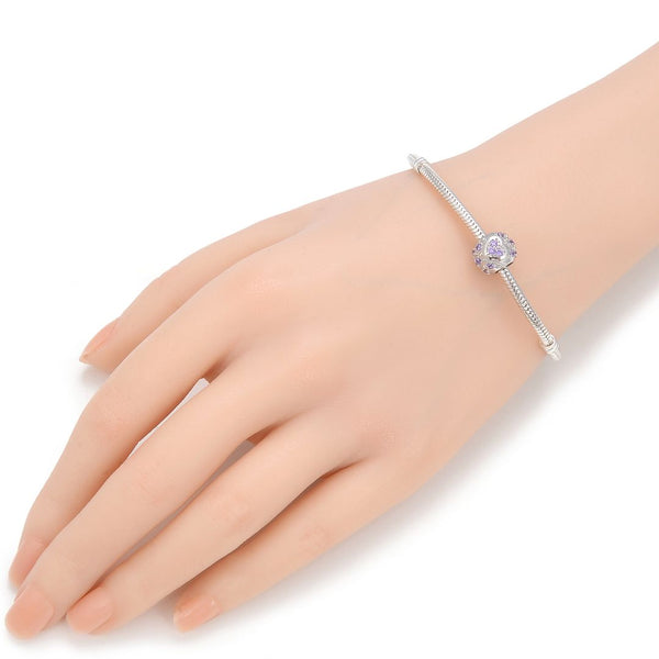 1pc 925 Sterling Silver Round Heart Pattern February Birthstone Bead Charm, Purple Amethyst Cubic Zirconia CZ, 11x9mm, Hole ID 4.5mm, EC1-H2