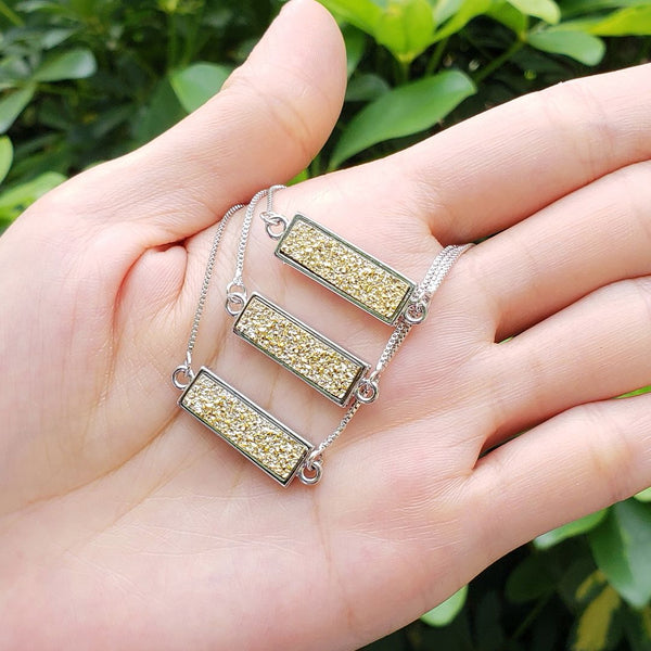 1pc Natural Druzy Crystal Pendant Necklace, Gold Bar Gemstone Pendant, 18 inch Stainless Steel Surgical Chain, GGP23-1