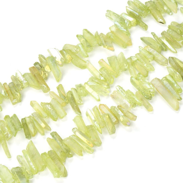 1 Strand Natural Raw Crystal Quartz Gemstone Beads, Small Drilled Stone Points, Peridot Green AB Titanium Coated Stone Stick, 15 Inch, GA10