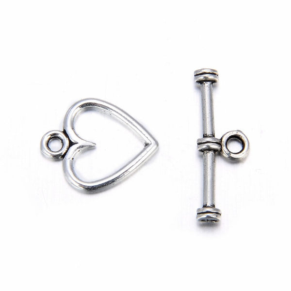 Adabele 20 Sets Heart Shape Toggle Clasp, T-Bar Jewelry Closure, 11.6mm (0.46 Inch), Antique Silver, MC-AF10