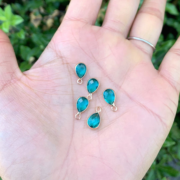 10pcs Grade A December Blue Zircon Teardrop Birthstone Charm Drop, 18K Yellow Gold Plated Brass, Size Selections: 11x7mm, 14x8mm, 16x9mm