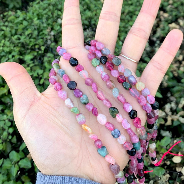 Natural Multi-color Tourmaline Gemstone Oval Tumbled Pebble Beads, Irregular, 6mm to 8mm, Hole ID 1mm, 15 Inch/1 Strand, GZ11-31