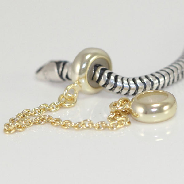 1pc Real Yellow Gold Plated Sterling Silver Safety Chain Lock Clip Rubber Charm Holder Bead Stopper, Compatible with Pandora All Other 3mm Charm Bracelet, EC28-A2