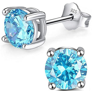 1 Pair 925 Sterling Silver March Blue Birthstone Round Cut Stud Earrings, 8mm/2 Carat Cubic Zirconia CZ Created Aquamarine Stone, SSE49-3