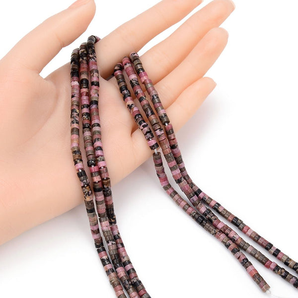 Natural Rhodonite Gemstone Heishi Tube Rondelle Beads, 4x2mm/Small, Hole ID 0.9mm, 14.5 Inch/1 Strand, GH-C27