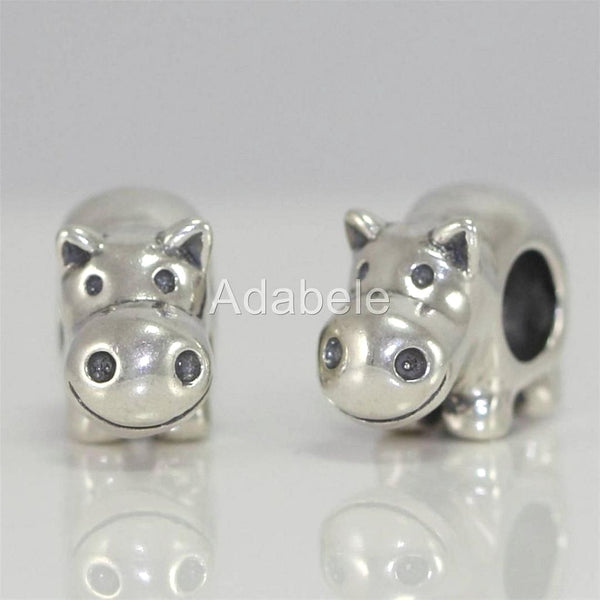 1pc Cute Solid 925 Sterling Silver Happy Hippo Charm Hippopotamus Bead Fits Pandora All Charm Bracelets EC2-N1