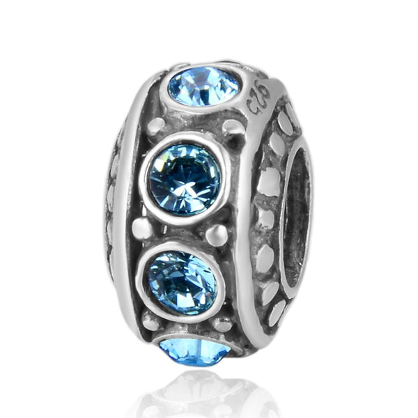 1pc 925 Sterling Silver December Birthstone Bead Charm, Blue Zircon Cubic Zirconia CZ, 11x6.8mm, Hole ID 4.5mm, EC1-A12