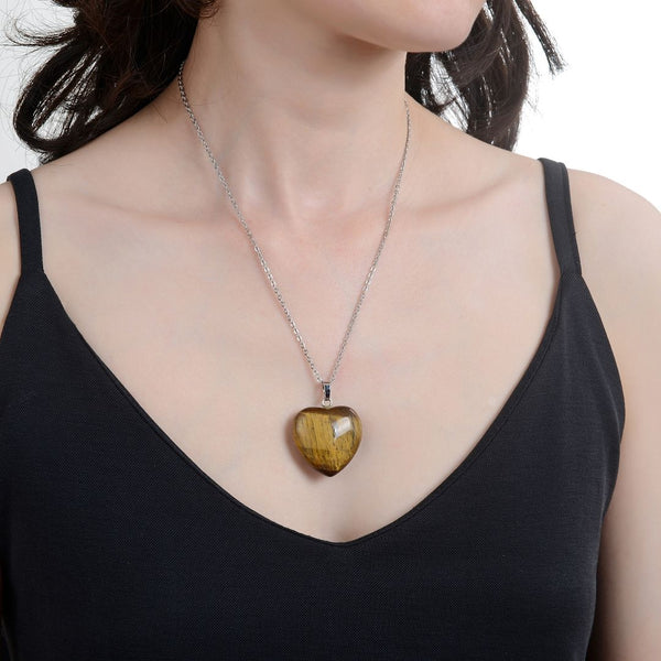 1pc You Are My Only Love Necklace, Natural Brown Yellow Tiger Eye Gemstone Large Heart Pendant, 18 Inch Surgical Stainless Steel Chain, GGP8-1