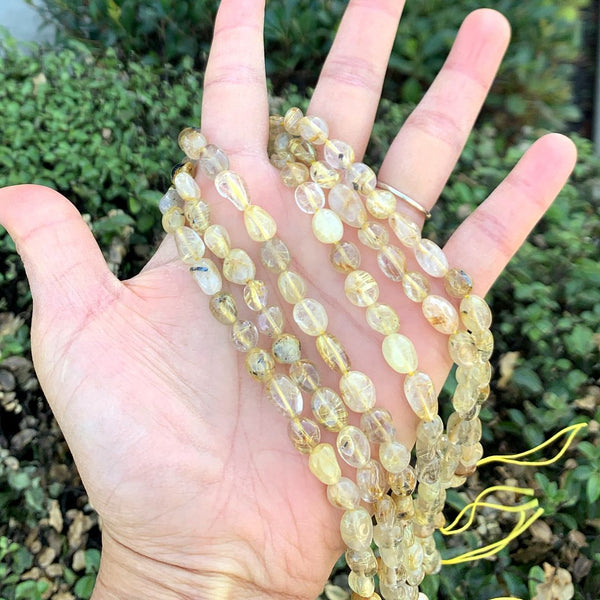 Natural Gold Rutilated Quartz Gemstone Oval Tumbled Pebble Beads, Irregular, 8mm to 10mm, Hole ID 1mm, 15 Inch/1 Strand, GZ12-39