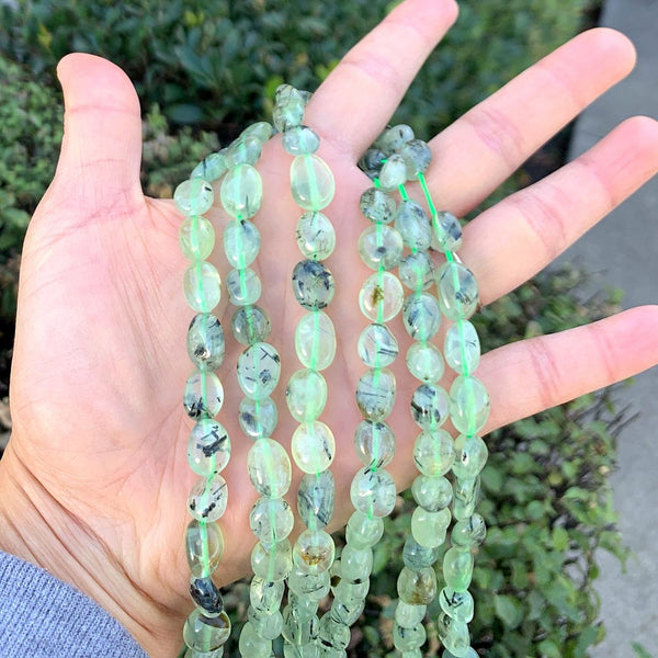 Natural Green Prehnite Crystal Gemstone Oval Tumbled Pebble Beads, Irregular, 7mm to 12mm, Hole ID 1mm, 15 Inch/1 Strand, GZ12-12