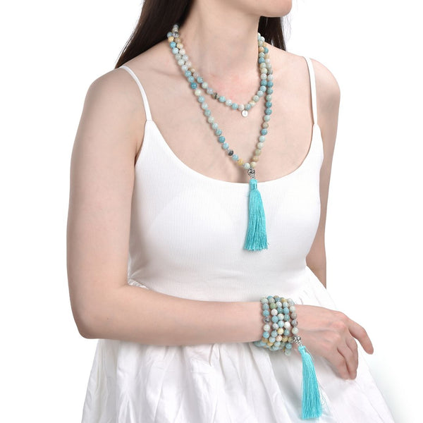 Adabele Premium 108 Mala Bead Tassel Necklace, 8mm Natural Multi-color Amazonite Gemstone, Buddhist Japa Prayer Beaded Jewelry RGN15