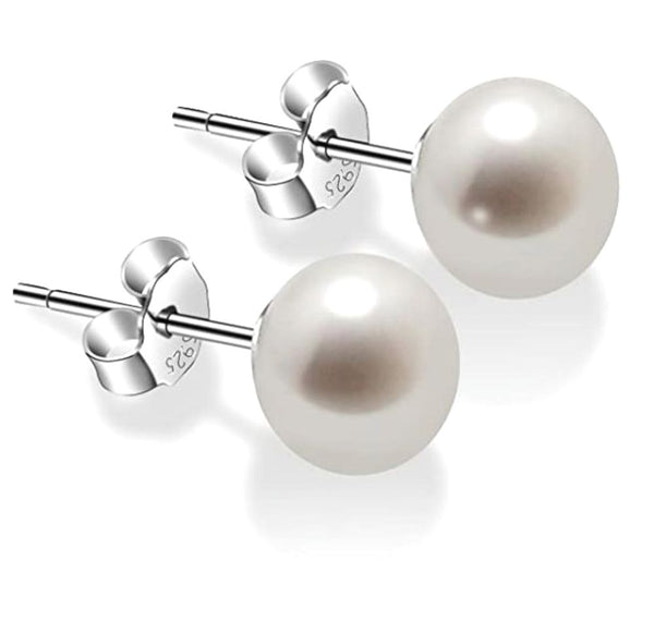 1 Pair 925 Sterling Silver Natural White Freshwater Pearl Stud Earrings, AAA Grade High Luster Pearls, Pearl Size Selections: 6-6.5mm, 7-7.5mm, 8-8.5mm, 9-9.5mm