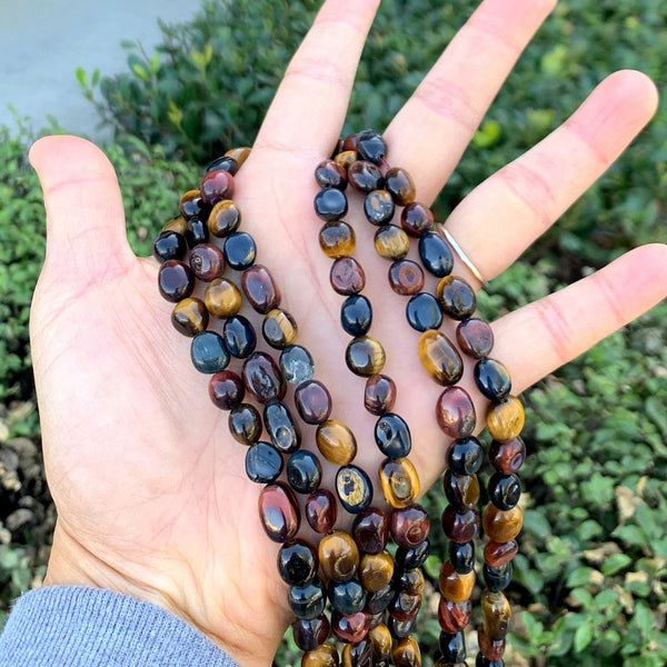 Natural Multi-color Tiger Eye Gemstone Oval Tumbled Pebble Beads, Irregular, 8mm to 10mm, Hole ID 1mm, 15 Inch/1 Strand, GZ12-7