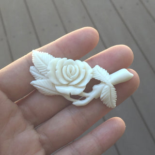 1pc Beautiful Lovely Rose Hand Carved White Buffalo Bone Drop Pendant, Symbol of Strength Prosperity Pendant, with Sterling Silver Bail, 2.24 Inch, BP-46