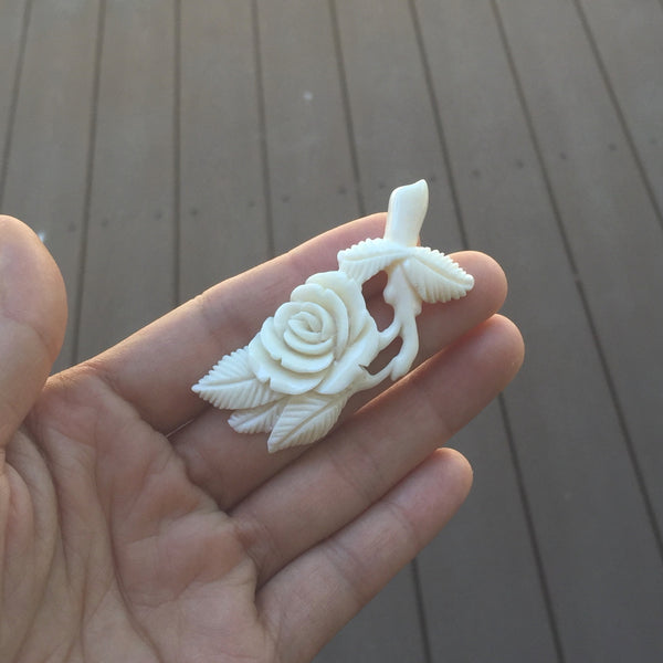 1pc Beautiful Lovely Rose Hand Carved White Buffalo Bone Drop Pendant, Symbol of Strength Prosperity Pendant, with Sterling Silver Bail, 2.24 Inch, BP-46