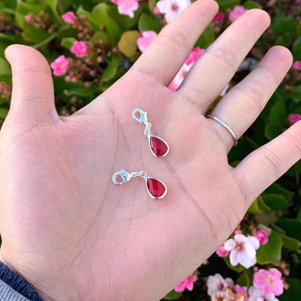2pcs Clip On Dangle January Red Birthstone Charm Drops, Tarnish Resistant, Sterling Silver Plated Lobster Clasp, BL7-1