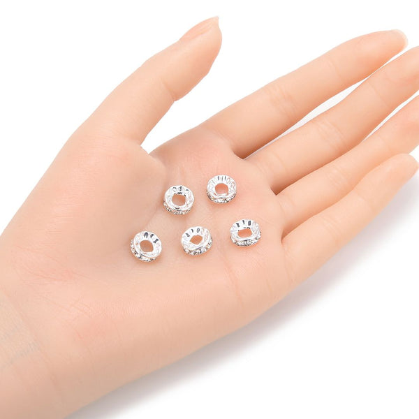 50pcs Grade A Large Hole Crystal Rhinestone Rondelle Beads, Sterling Silver Plated Brass, 10mm, Hole ID 4mm, CF2-10