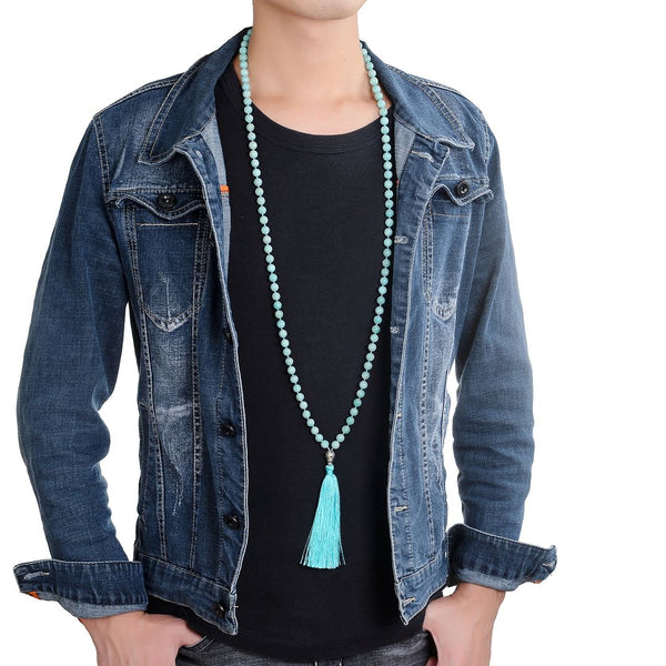 Adabele Premium 108 Mala Bead Tassel Necklace, 8mm Natural Grade A Amazonite Gemstone, Blue Green Buddhist Japa Prayer Beaded Jewelry RGN22