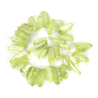 1 Strand Natural Raw Crystal Quartz Gemstone Beads, Large Drilled Stone Points, Peridot Green AB Titanium Coated Gem Stick, 15 Inch, GA-E10