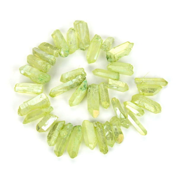 1 Strand Natural Raw Crystal Quartz Gemstone Beads, Large Drilled Stone Points, Peridot Green AB Titanium Coated Gem Stick, 15 Inch, GA-E10