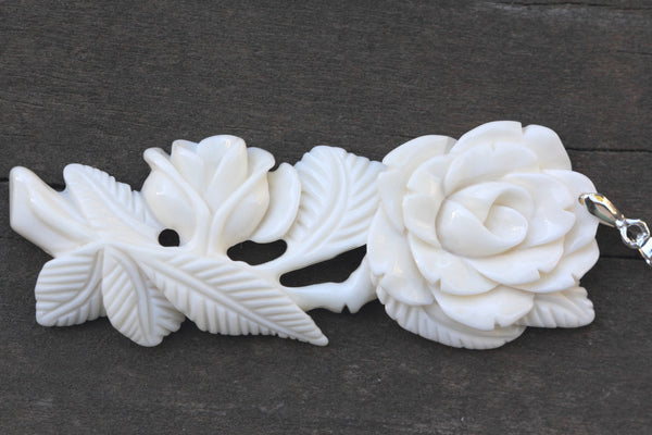 1pc Beautiful Lovely Flower Bouquet Hand Carved White Buffalo Bone Drop Pendant, Symbol of Strength Prosperity Pendant, with Sterling Silver Bail, 2.7 Inch, BP-47
