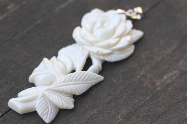 1pc Beautiful Lovely Flower Bouquet Hand Carved White Buffalo Bone Drop Pendant, Symbol of Strength Prosperity Pendant, with Sterling Silver Bail, 2.7 Inch, BP-47