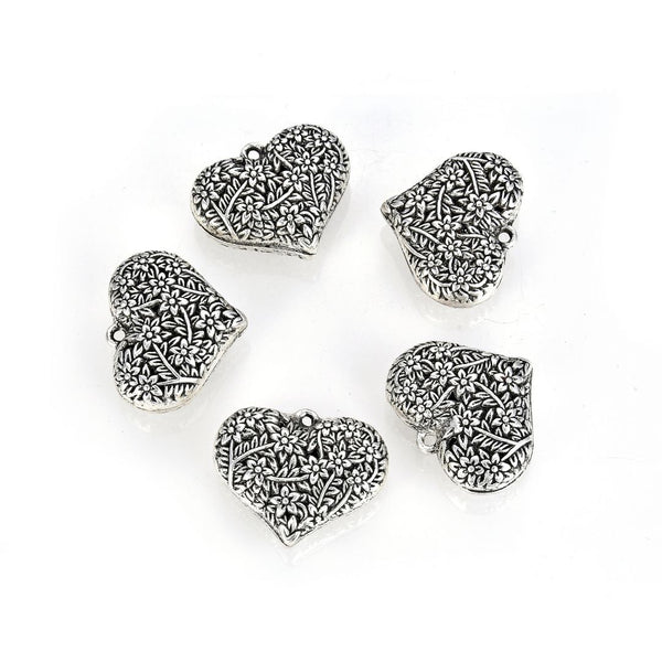 20pcs Flower Vine Symbol of Strength Heart Charms, 24.7mm Large Double Sided Heart Drop Pendants, Antique Silver, MC-D12