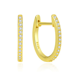 1 Pair Real 18K Yellow Gold Plated Sterling Silver Oval Huggie Hoop Earrings, Pave Cubic Zirconia CZ, 13mm, SSE40-1