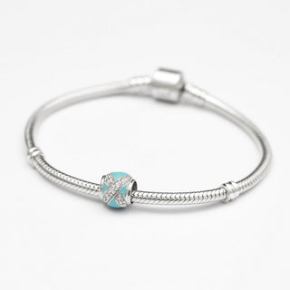 Solid 925 Sterling Silver Ribbon Blue Enamel Cubic Zirconia Bead Charm