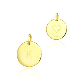 1pc 925 Sterling Silver 12mm Letter K Charm, Real 18K Yellow Gold Plated, Heart Engraved, Name Initial Disc Coin Pendant Drop, SLP-G11