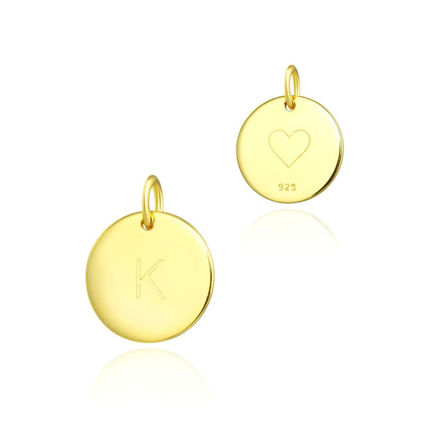 1pc 925 Sterling Silver 12mm Letter K Charm, Real 18K Yellow Gold Plated, Heart Engraved, Name Initial Disc Coin Pendant Drop, SLP-G11