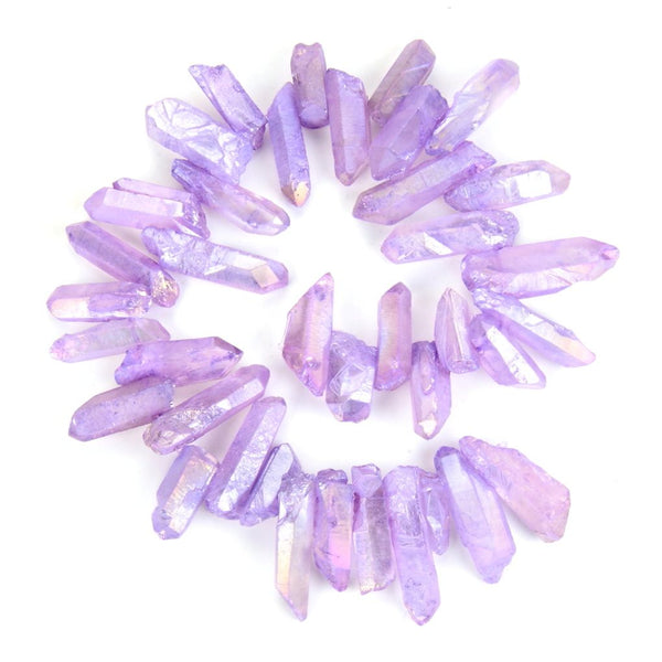 1 Strand Natural Raw Crystal Quartz Gemstone Beads, Large Drilled Stone Points, Violet Tanzanite AB Titanium Coated Gem Stick, 15 Inch, GA-E9