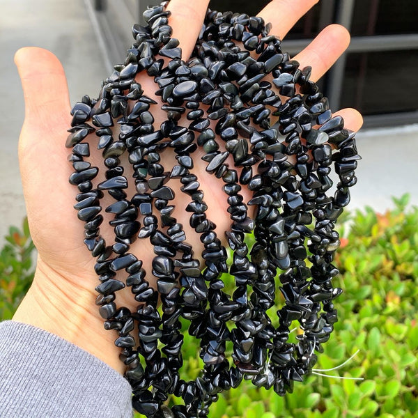 Natural Black Obsidian Gemstone Chip Beads, Free Form, 5mm-8mm, Hole ID 1mm, 1 Strand/31 Inch, GZ1-22