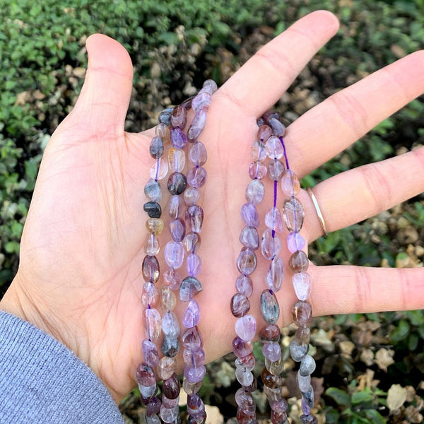 Natural Purple Rutilated Quartz Gemstone Oval Tumbled Pebble Beads, Irregular, 6mm to 8mm, Hole ID 1mm, 15 Inch/1 Strand, GZ11-35