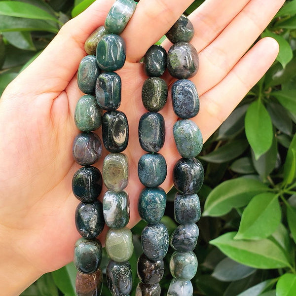 Natural Moss Agate Gemstone Tumbled Nugget Beads, Irregular, 10mm-13mm, Hole ID 1mm, 1 Strand/15 Inch, GZ4-4