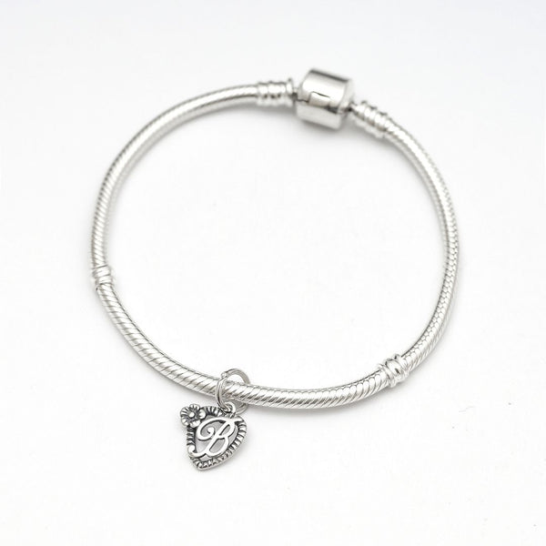1pc Solid Sterling Silver Letter B Initial Flower Heart Alphabet Name Charm, Compatible with Pandora all Other Charm Bracelets, EC658