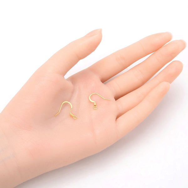 50pcs Tarnish Resistant Flat Fish Earring Hooks, 18K Yellow Gold Plated Brass, 18mm, 0.7mm/21 Gauge, BF20-2