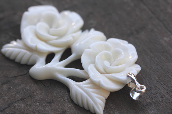 1pc Beautiful Lovely Flower Bouquet Hand Carved White Buffalo Bone Drop Pendant, Symbol of Strength Prosperity Pendant, with Sterling Silver Bail, 2 Inch, BP-48