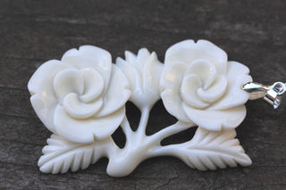 1pc Beautiful Lovely Flower Bouquet Hand Carved White Buffalo Bone Drop Pendant, Symbol of Strength Prosperity Pendant, with Sterling Silver Bail, 2 Inch, BP-48